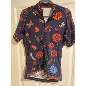 Cycology Cycling Women's Boho Denim Short Sleeve Bike Top XL Multicolor Flowers
